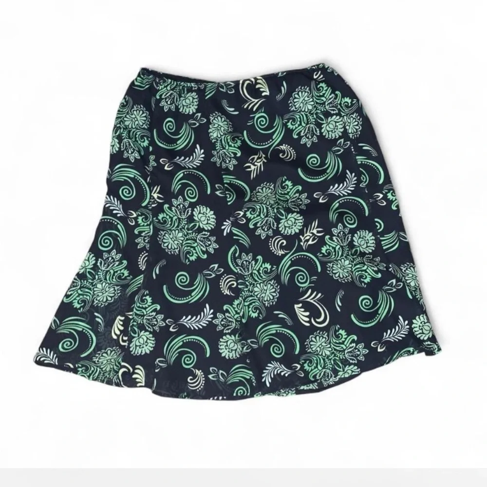 Floral Green dark brown floral scroll knee length fit flare Skirt size 10 Y2K